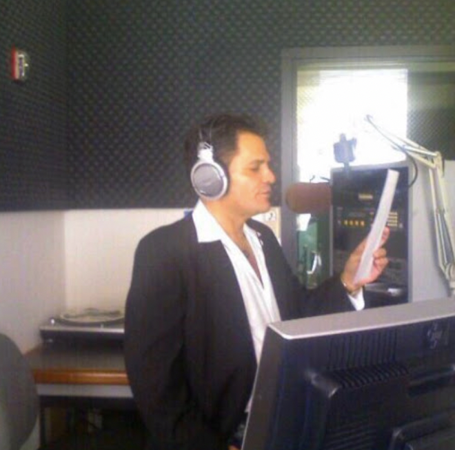 Junior Kekuewa Jr. recording commercial voice work in a studio